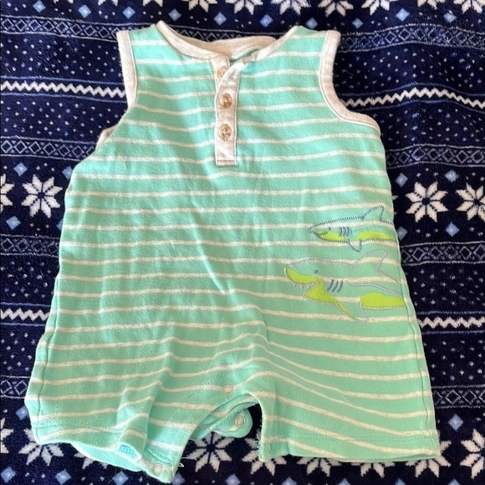 Carter’s Striped Aqua Baby Romper with Shark Design EUC